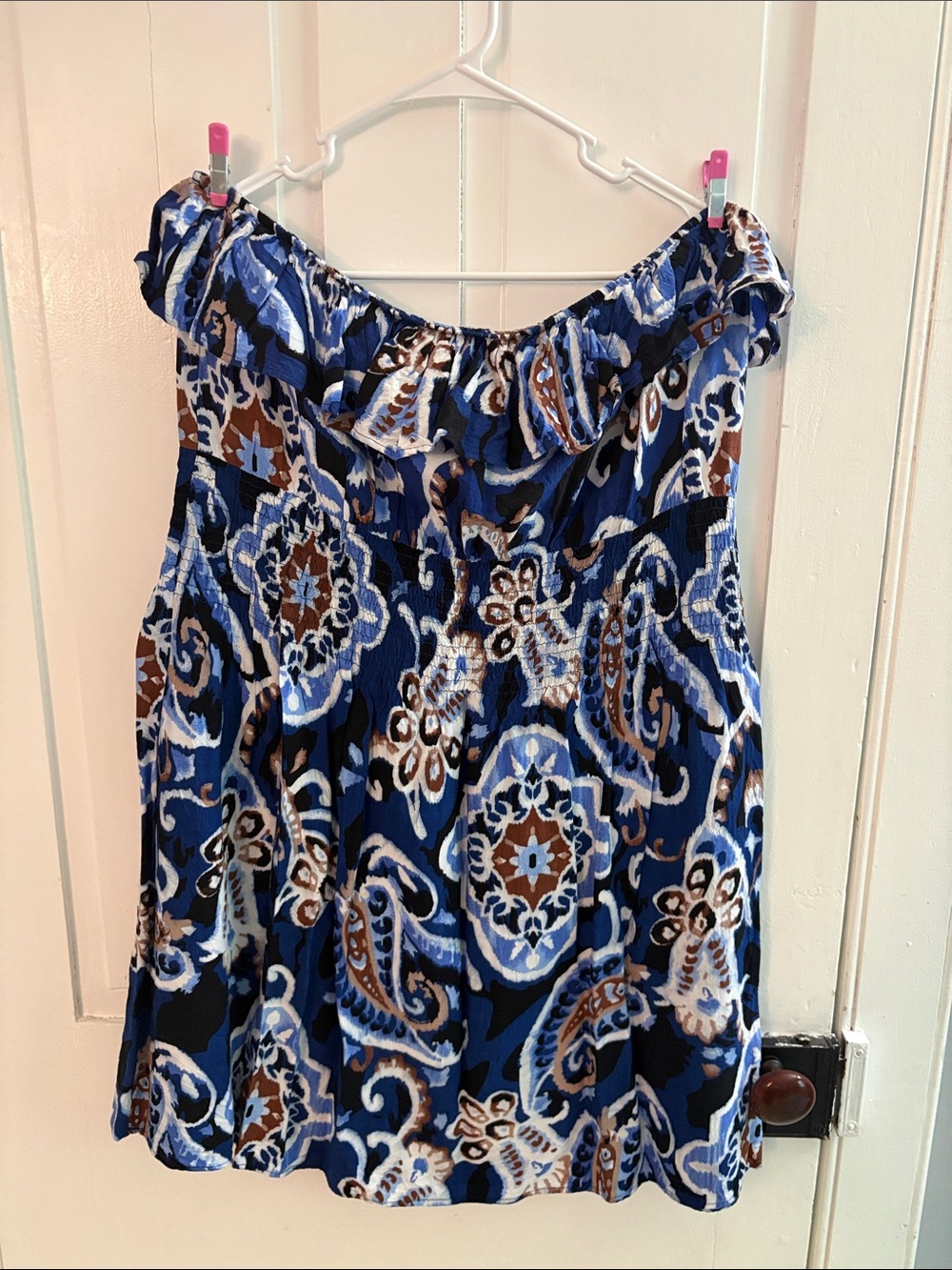 Off-Shoulder Mini Dress in Blue & Brown Medallion Print